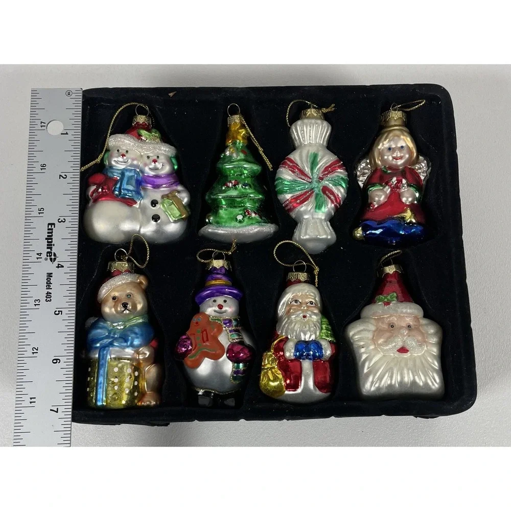 Set of 8 Mikasa Vintage Glass Christmas Ornaments - Santa, Snowmen, Angel & More